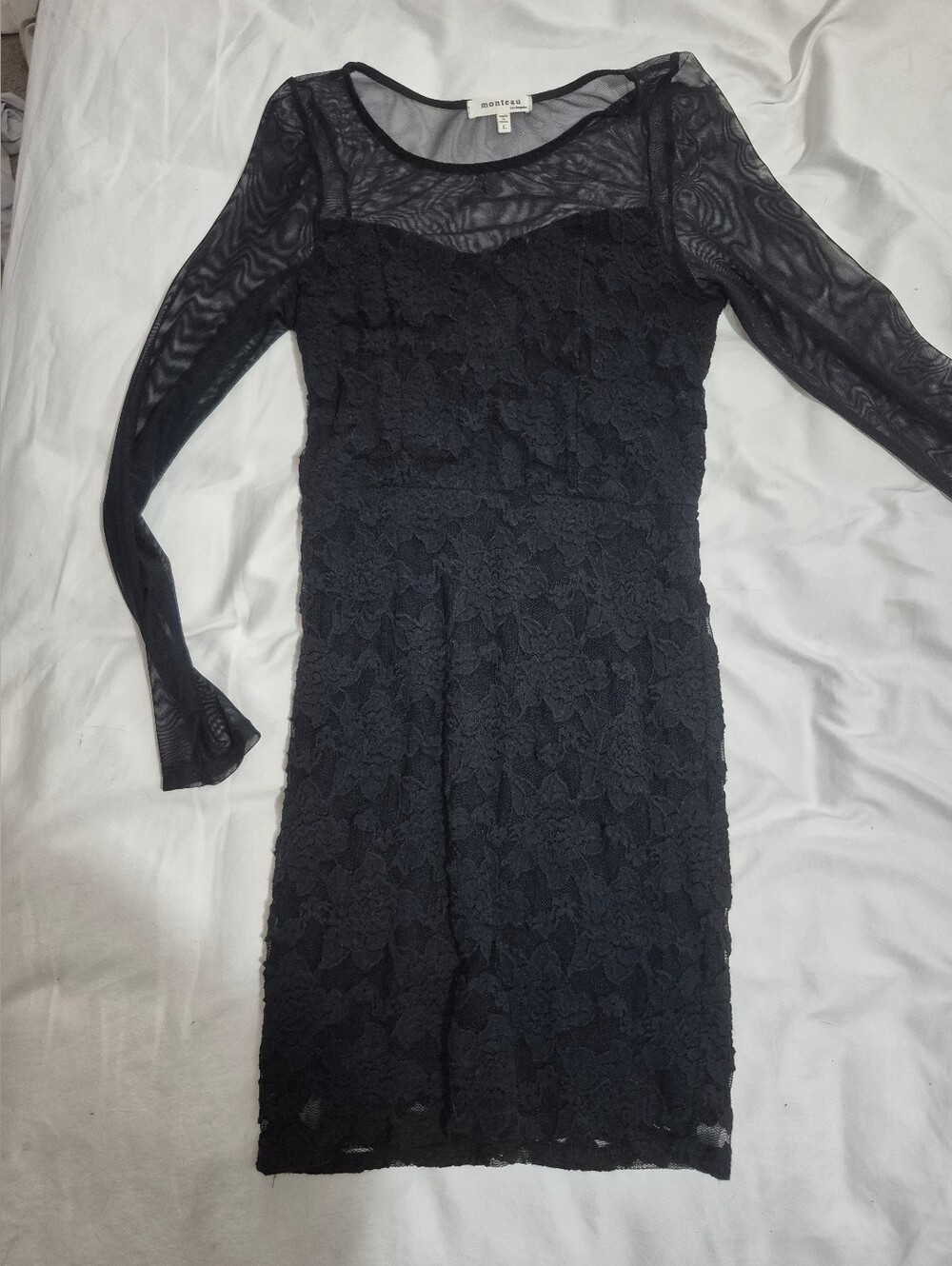 Monteau Black Lace Long Sleeve Sheer Panel Dress